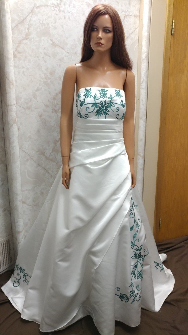 ivory dress with hunter green embroidery